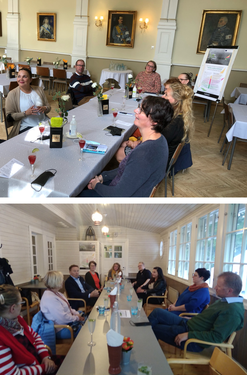 Osallistujia ja hankeväkeä pöydän ympärillä Lahdessa ja Lappeenrannassa.